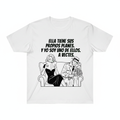 Camiseta blanca con ilustración noir de mujer leyendo ignorando a hombre con flores