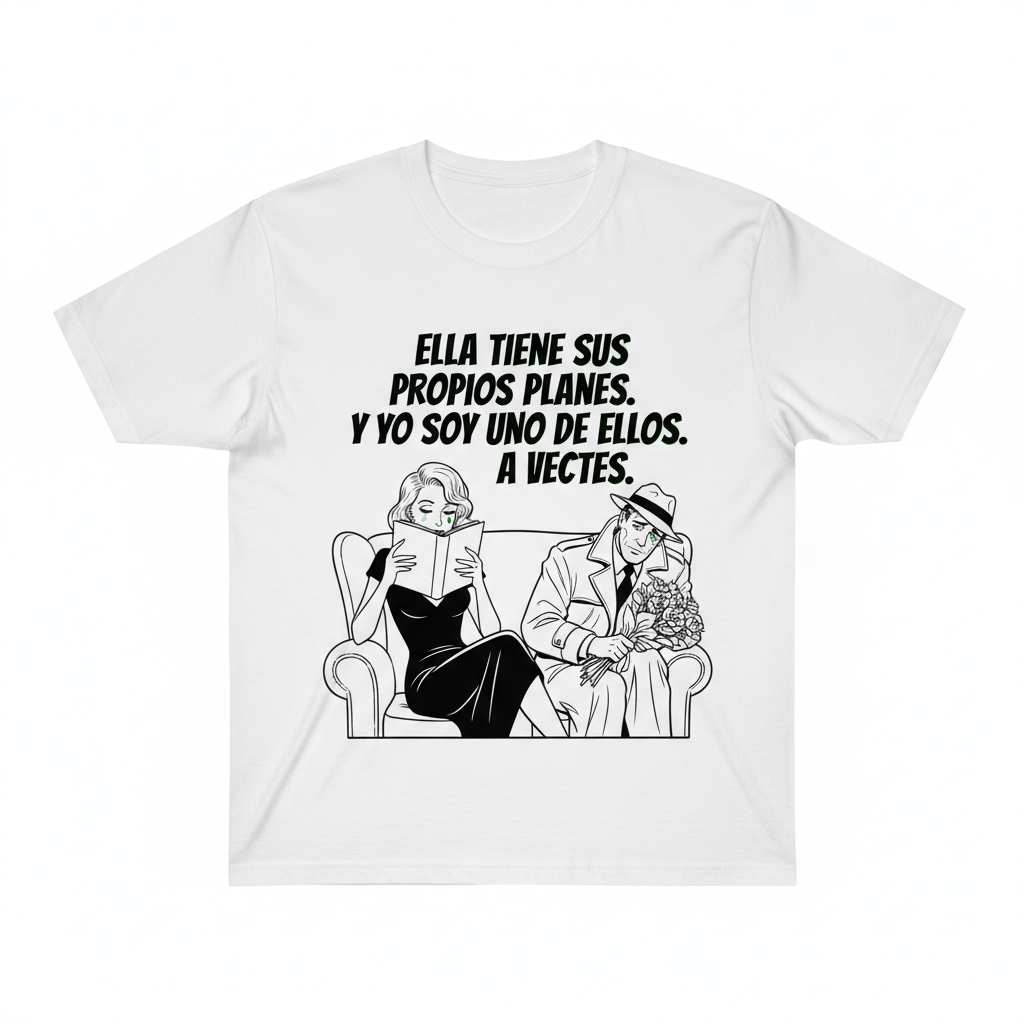 Camiseta blanca con ilustración noir de mujer leyendo ignorando a hombre con flores