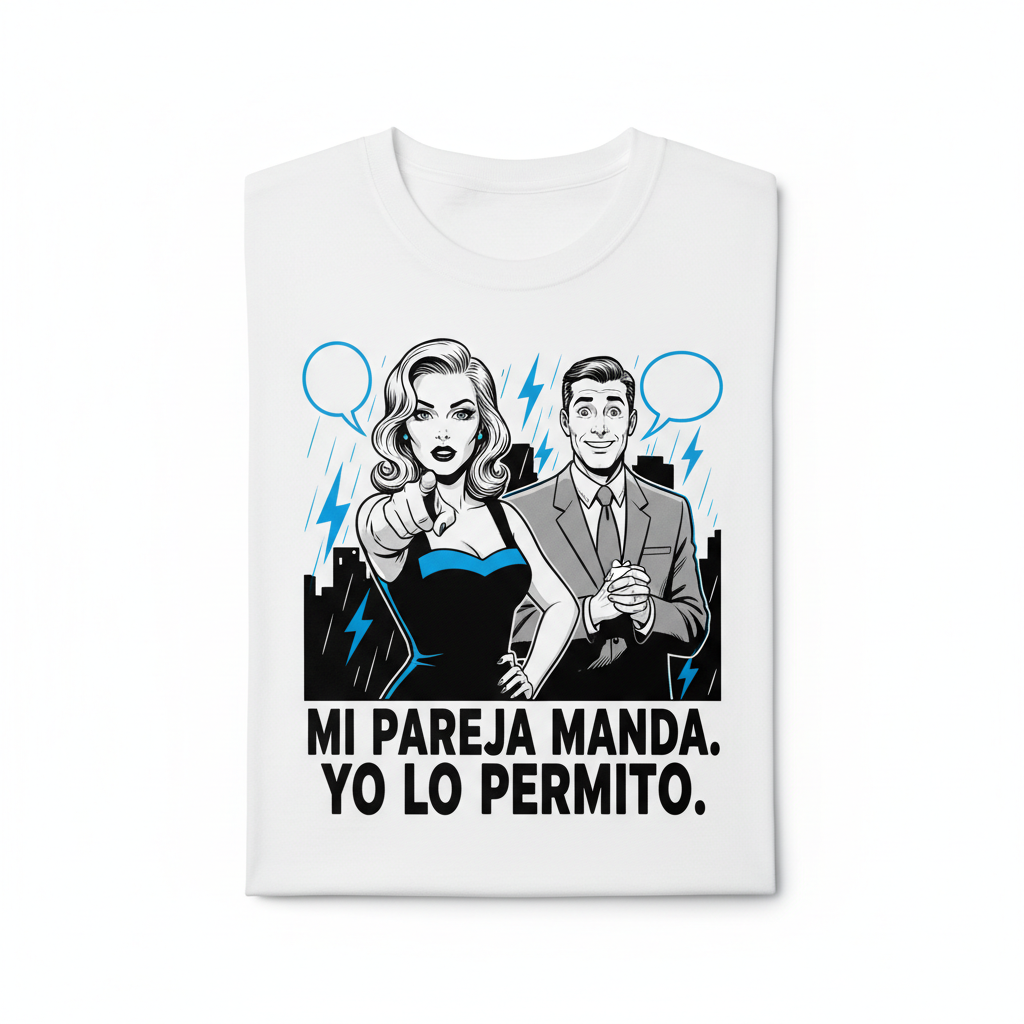 Camiseta blanca con ilustración noir de mujer señalando con autoridad y hombre orgulloso