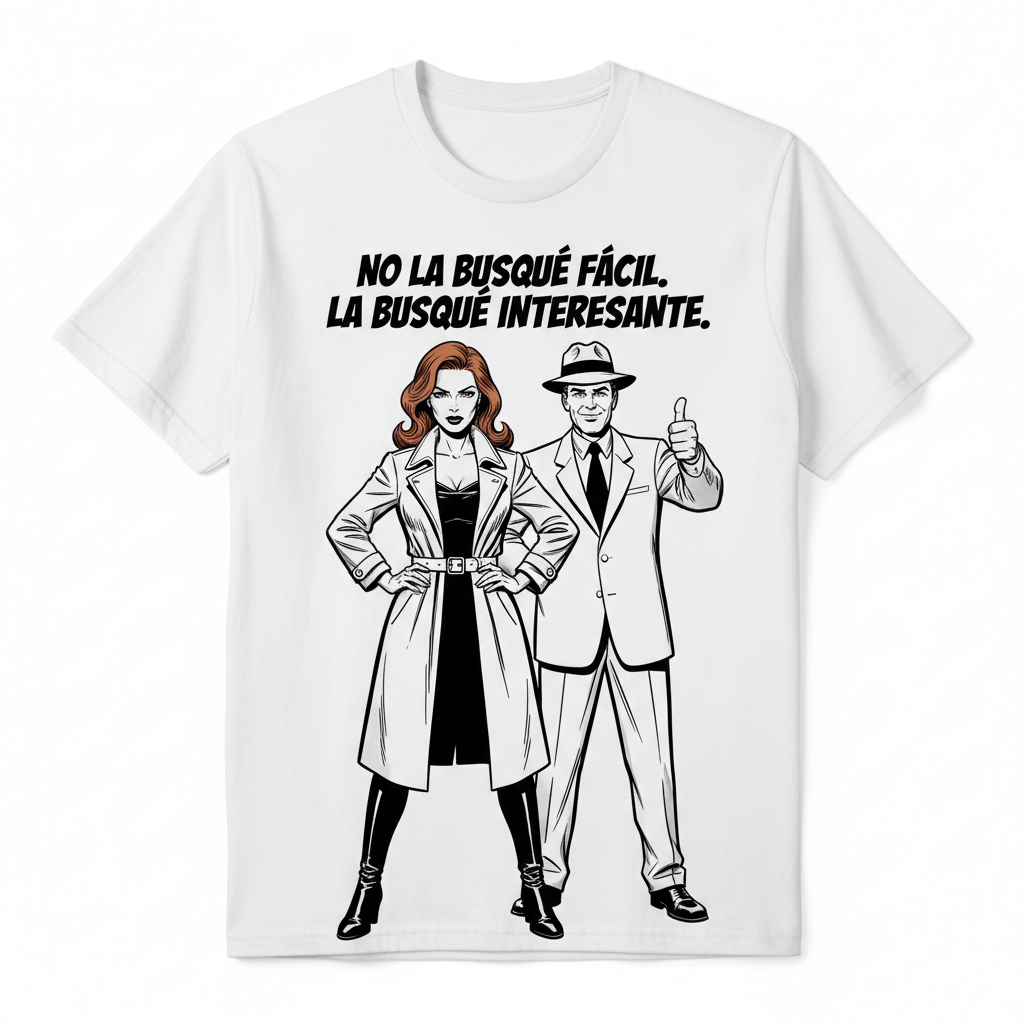 Camiseta blanca con ilustración noir de mujer cobriza con actitud y hombre orgulloso a su lado