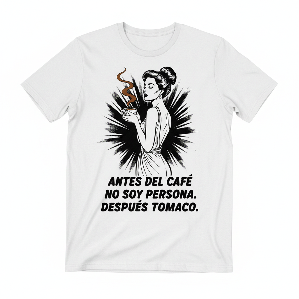 Camiseta blanca con ilustración noir de mujer glamurosa con taza de café en blanco y negro con toque marrón