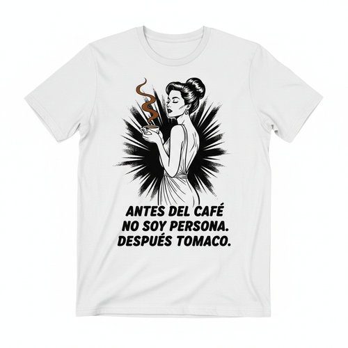 Camiseta blanca con ilustración noir de mujer glamurosa con taza de café en blanco y negro con toque marrón