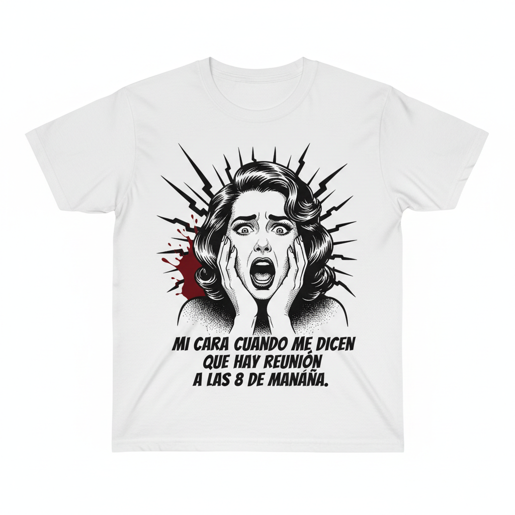 Camiseta blanca con ilustración noir de mujer con cara de horror dramático en blanco y negro con acento rojo