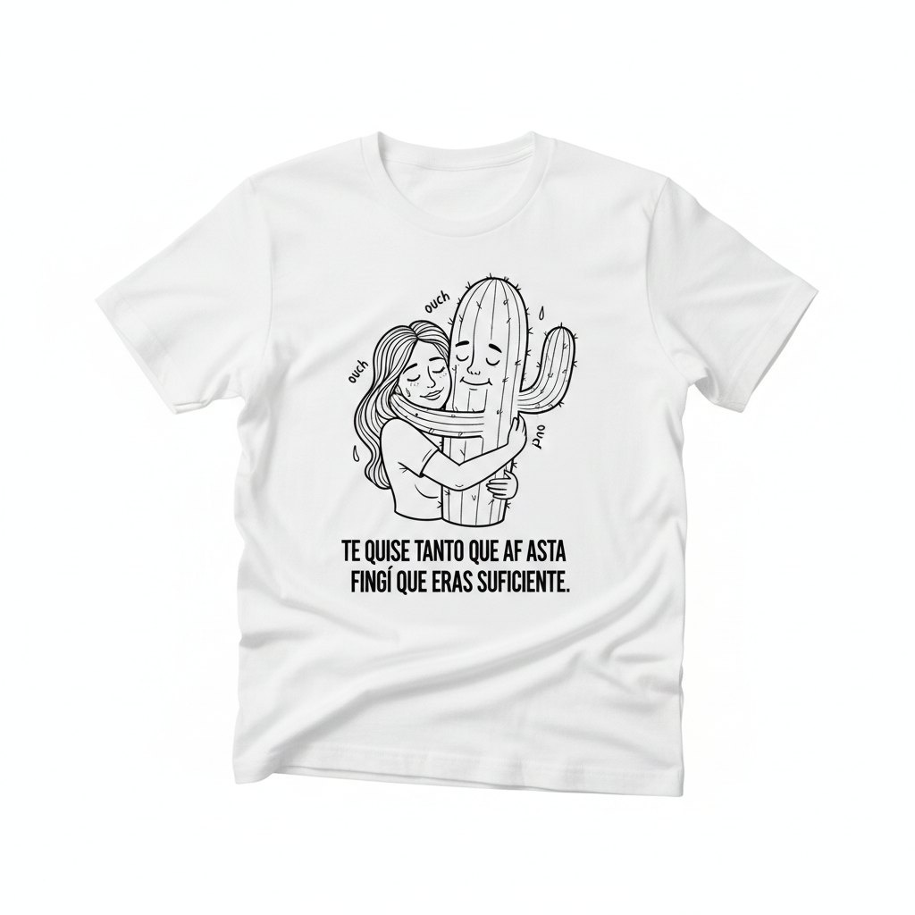 Camiseta blanca con ilustración de mujer abrazando un cactus con sonrisa resignada