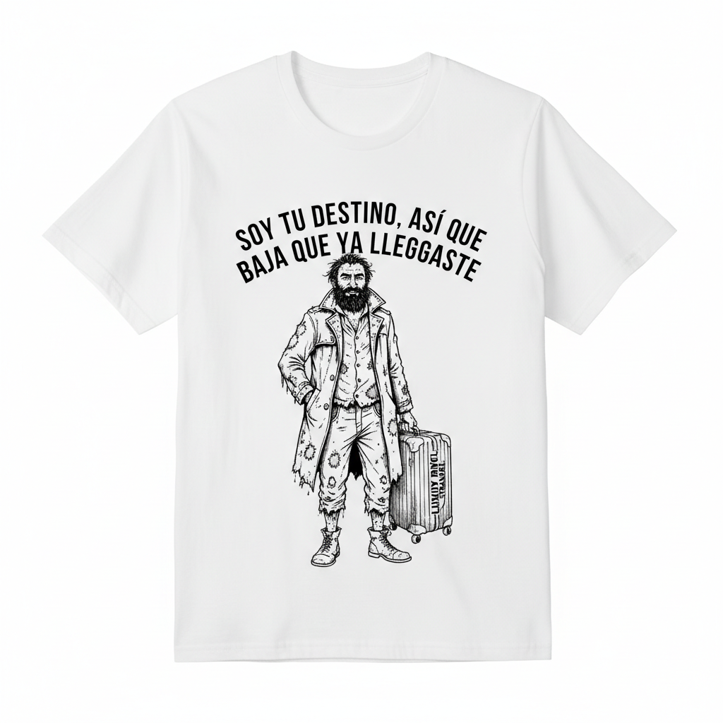 Camiseta blanca con ilustración humorística de hombre araposo con maleta de lujo