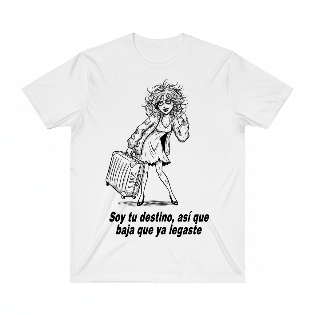Camiseta blanca con ilustración humorística de mujer con aspecto de borracha y maleta de lujo