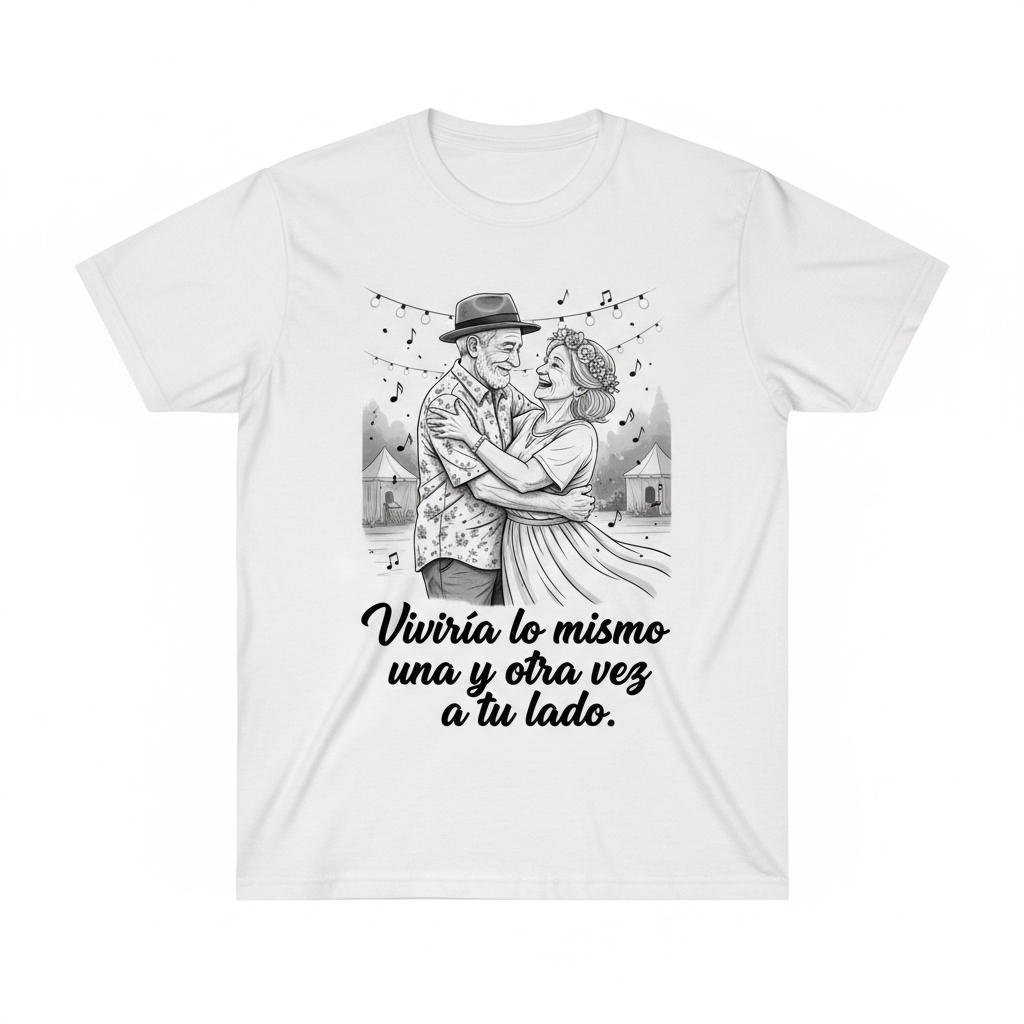 Camiseta blanca con ilustración de pareja anciana bailando en festival de música celebrando bodas de oro