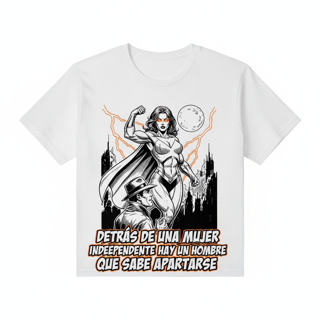 Camiseta blanca con ilustración noir de mujer superéroina y hombre mirándola con admiración