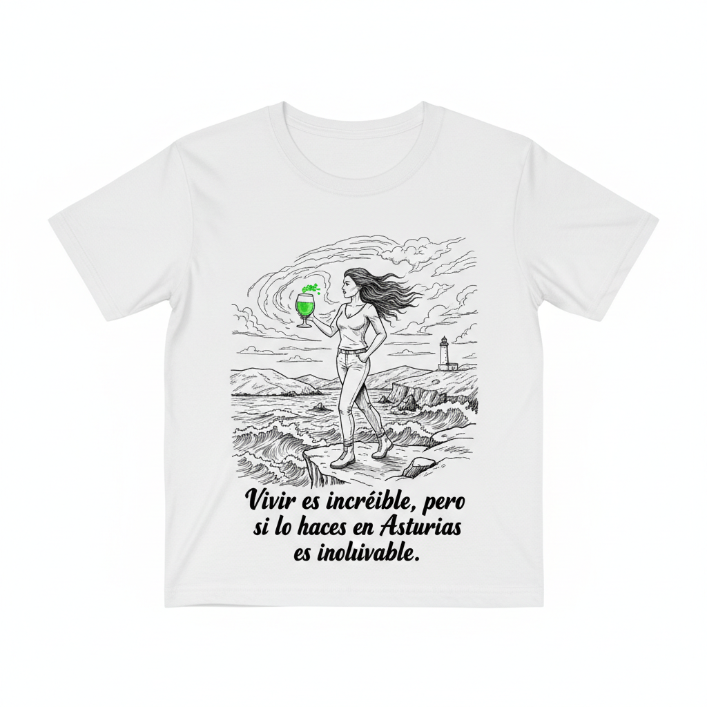 Camiseta blanca con ilustración de mujer al Cantábrico con vaso de sidra en verde
