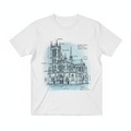 Camiseta blanca con boceto de catedral gótica y anotaciones arquitectónicas en español