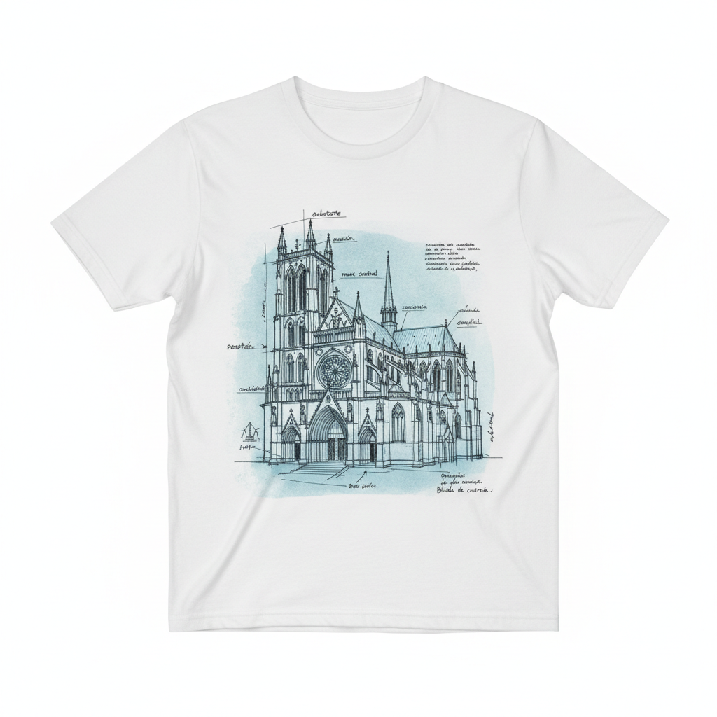 Camiseta blanca con boceto de catedral gótica y anotaciones arquitectónicas en español