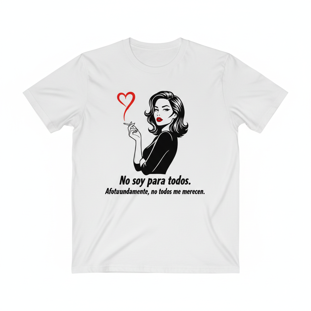Camiseta blanca con ilustración de mujer segura en blanco y negro con labios y humo en rojo