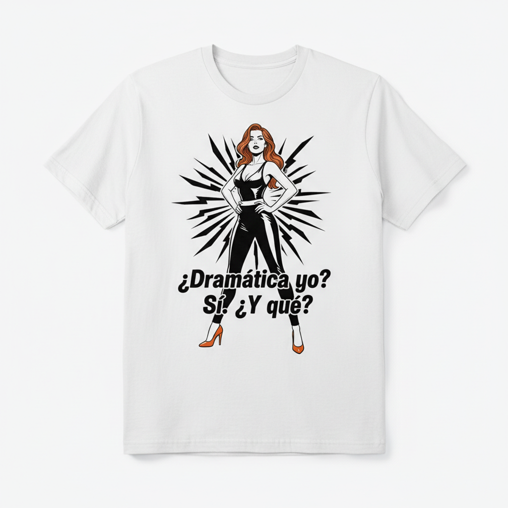 Camiseta blanca con ilustración de mujer cobriza con zapatos naranjas en pose teatral y orgullosa