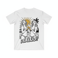 Camiseta blanca con ilustración noir de dos mujeres en biquini brindando con cerveza con acento dorado