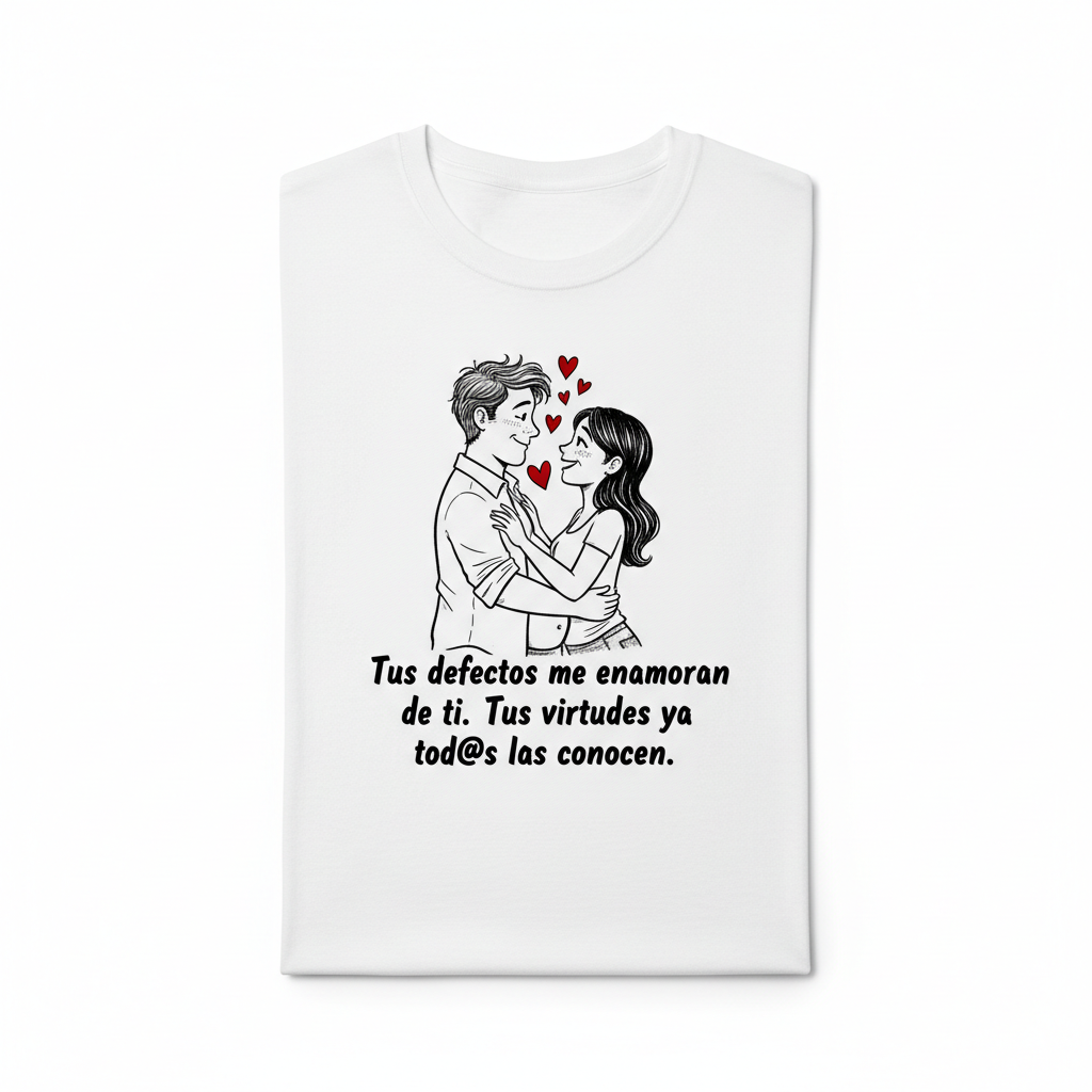 Camiseta blanca con ilustración de pareja en blanco y negro con corazones en rojo