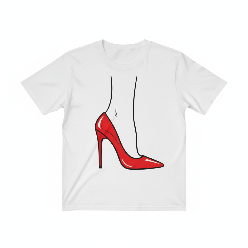 Camiseta blanca con ilustración de pie calzando tacón rojo