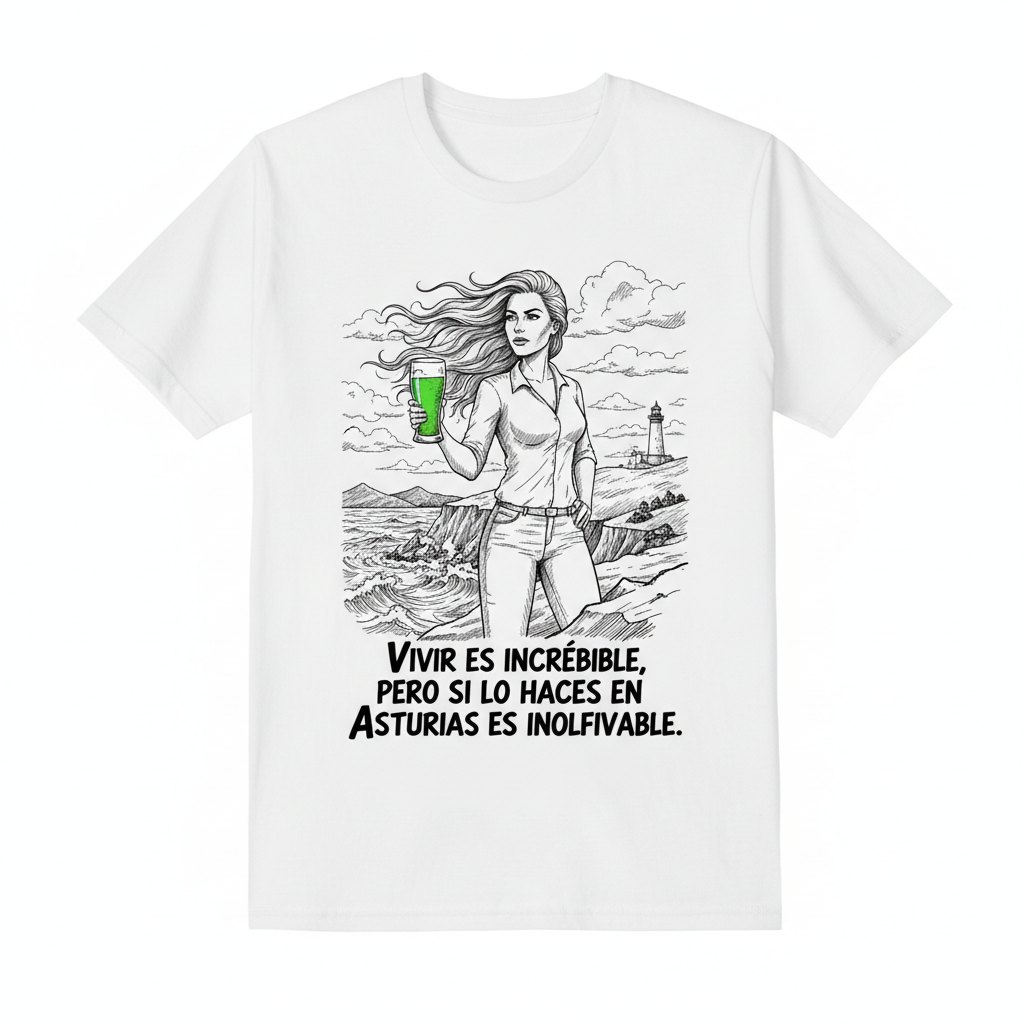 Camiseta blanca con ilustración de mujer al Cantábrico con vaso de sidra asturiana en verde